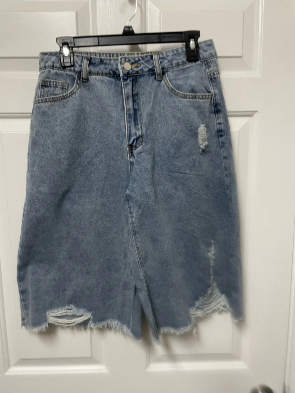 Distressed Light Blue Denim Long Shorts